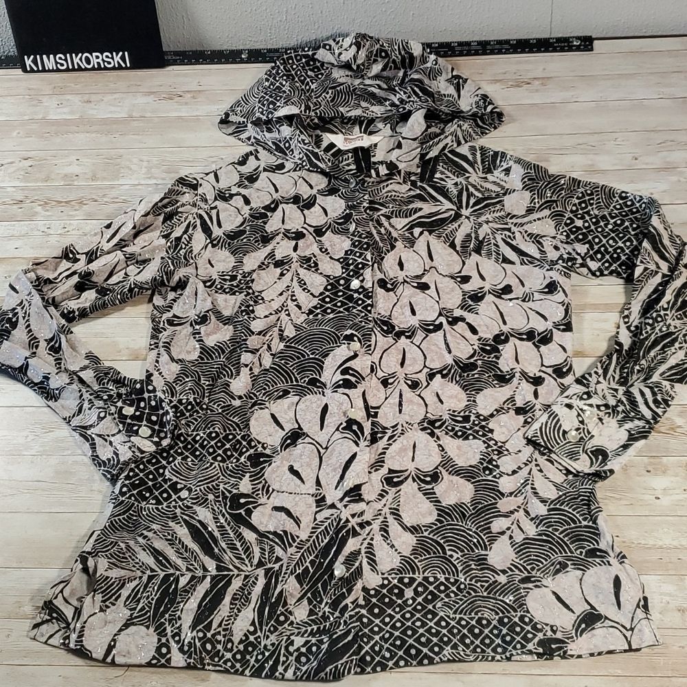 Montgomery Ward Vintage Long Sleeve Button Down Shirt S Hooded Silver Metallic